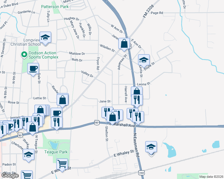 map of restaurants, bars, coffee shops, grocery stores, and more near 618 Texas Street in Longview