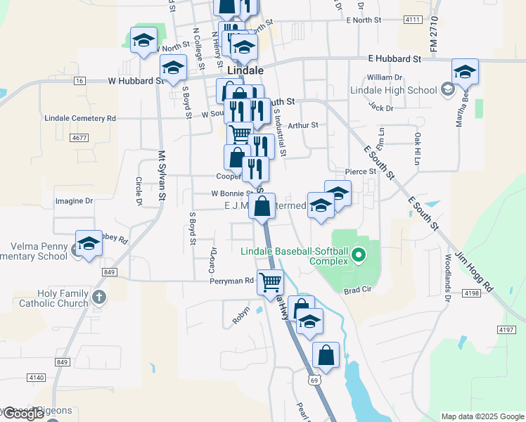 map of restaurants, bars, coffee shops, grocery stores, and more near 409 East Eagle Spirit Drive in Lindale