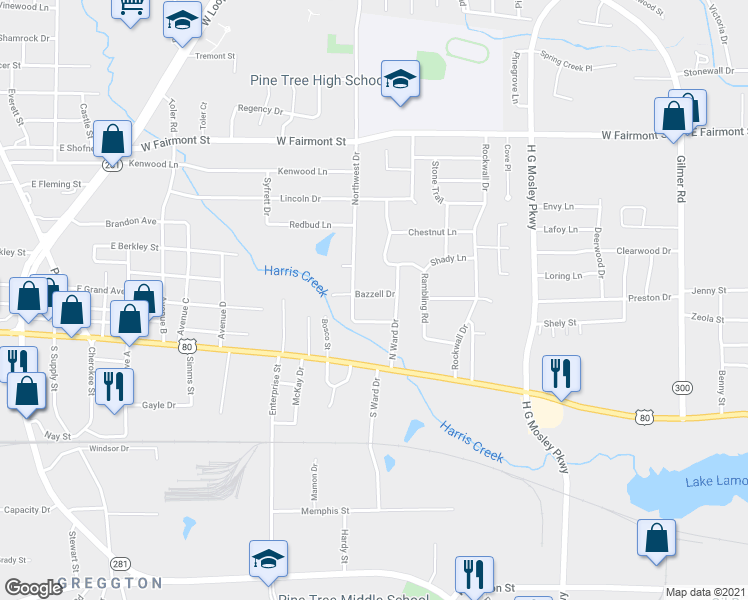 map of restaurants, bars, coffee shops, grocery stores, and more near 1006 Bazzell Drive in Longview