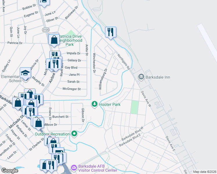 map of restaurants, bars, coffee shops, grocery stores, and more near 3309 Jefferson Place in Bossier City