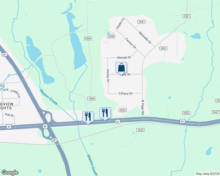 map of restaurants, bars, coffee shops, grocery stores, and more near 103 Tiffany Drive in Longview