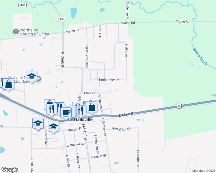 map of restaurants, bars, coffee shops, grocery stores, and more near 407 Woodridge Circle in Hallsville