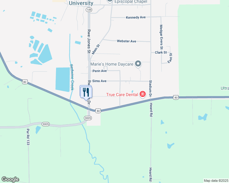 map of restaurants, bars, coffee shops, grocery stores, and more near 121-155 Young Street in Grambling