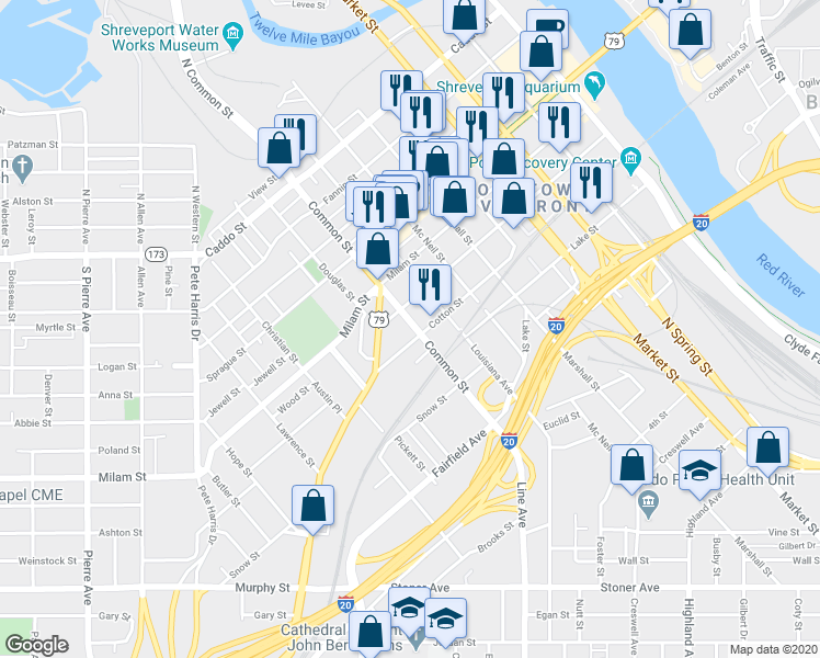 map of restaurants, bars, coffee shops, grocery stores, and more near 802 Cotton Street in Shreveport