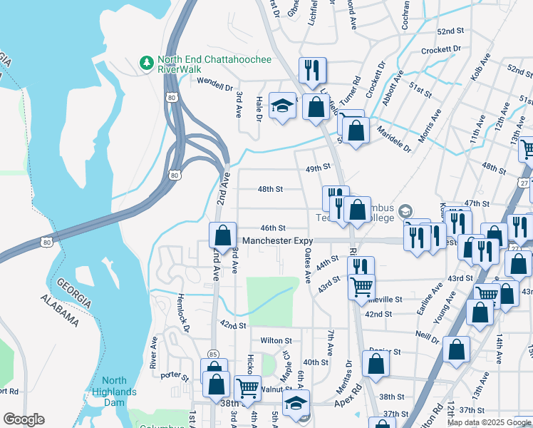 map of restaurants, bars, coffee shops, grocery stores, and more near 407 46th Street in Columbus
