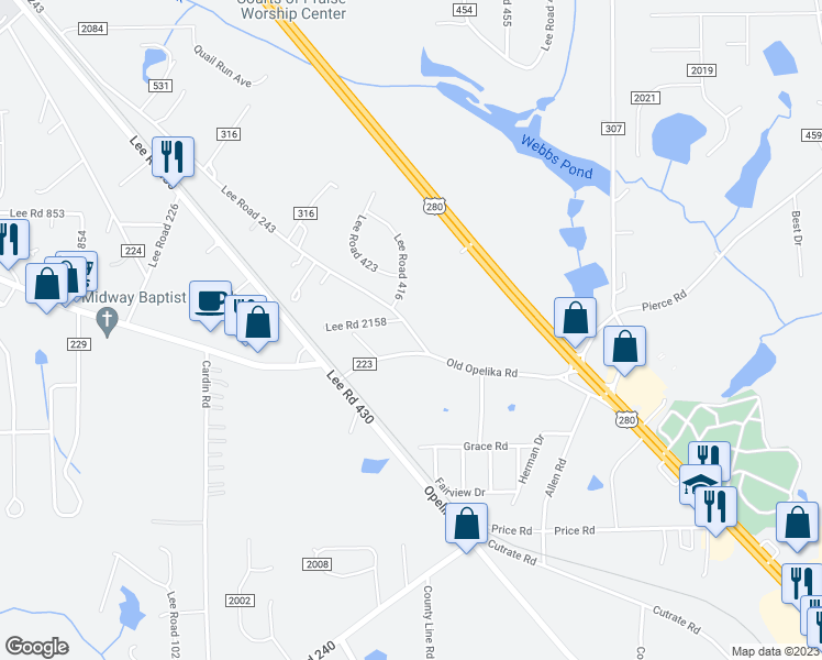 map of restaurants, bars, coffee shops, grocery stores, and more near 2166 Lee Road 243 in Smiths Station