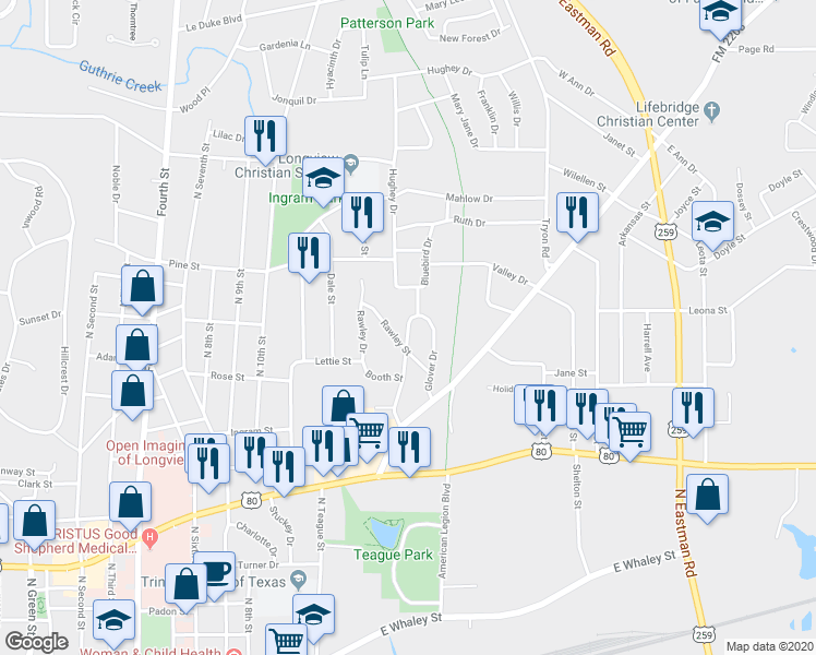 map of restaurants, bars, coffee shops, grocery stores, and more near 409 Glover Drive in Longview