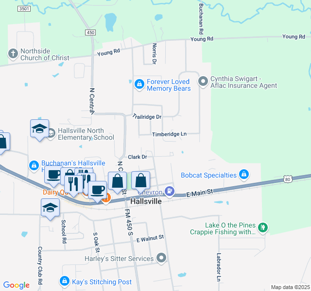 map of restaurants, bars, coffee shops, grocery stores, and more near 111 Clark Street in Hallsville
