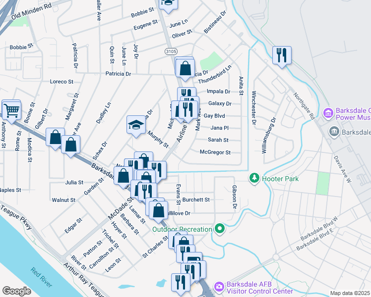 map of restaurants, bars, coffee shops, grocery stores, and more near 1317 Mark Avenue in Bossier City
