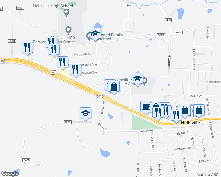 map of restaurants, bars, coffee shops, grocery stores, and more near 298 Billie Martin Parkway in Hallsville