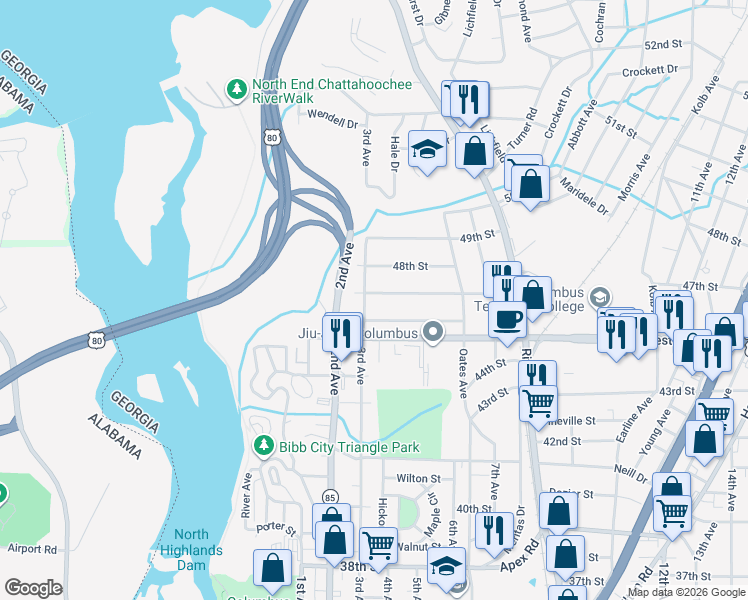 map of restaurants, bars, coffee shops, grocery stores, and more near 303 46th Street in Columbus