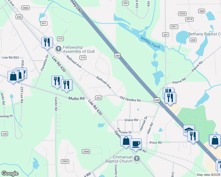 map of restaurants, bars, coffee shops, grocery stores, and more near 95 Lee Road 2040 in Phenix City