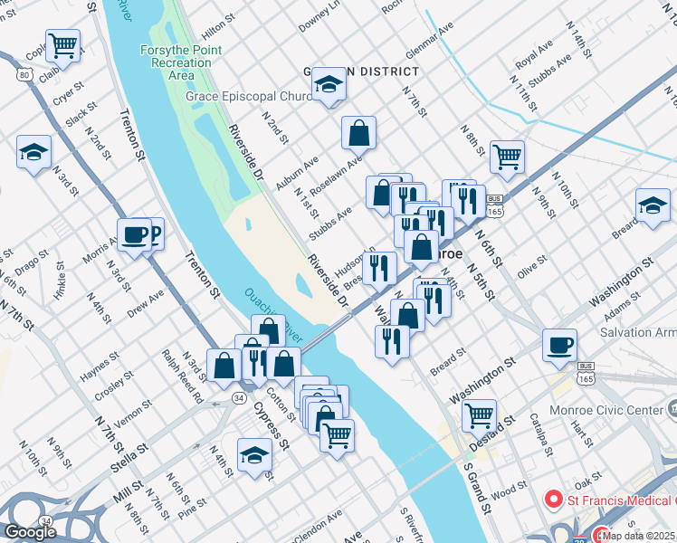 map of restaurants, bars, coffee shops, grocery stores, and more near 2 Hudson Lane in Monroe