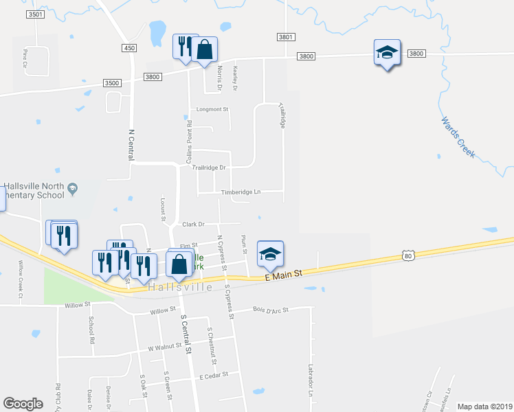 map of restaurants, bars, coffee shops, grocery stores, and more near 401 Woodridge Circle in Hallsville