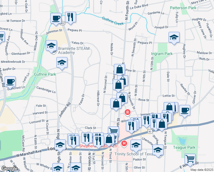 map of restaurants, bars, coffee shops, grocery stores, and more near 1112 North Second Street in Longview