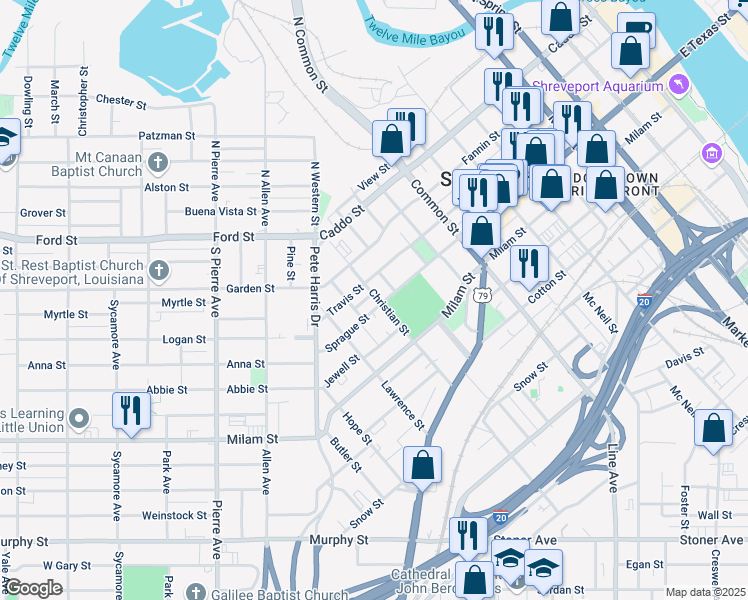 map of restaurants, bars, coffee shops, grocery stores, and more near 1209 Sprague Street in Shreveport