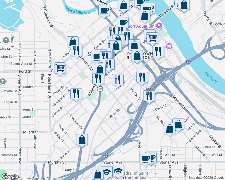 map of restaurants, bars, coffee shops, grocery stores, and more near 726 Cotton Street in Shreveport
