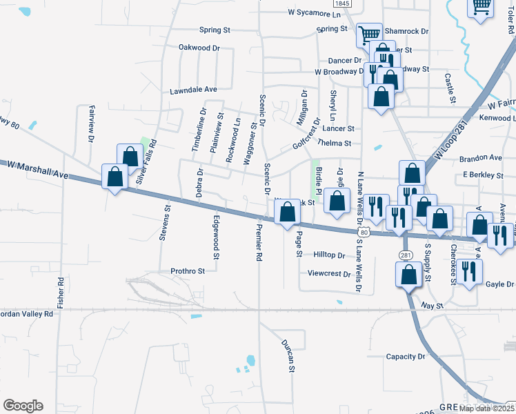 map of restaurants, bars, coffee shops, grocery stores, and more near 4600 West Marshall Avenue in Longview