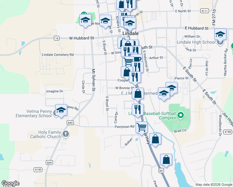 map of restaurants, bars, coffee shops, grocery stores, and more near 304 Half Street in Lindale