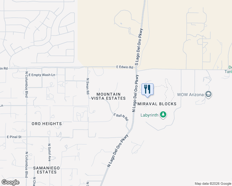 map of restaurants, bars, coffee shops, grocery stores, and more near 16640 North Wagon Train Place in Tucson