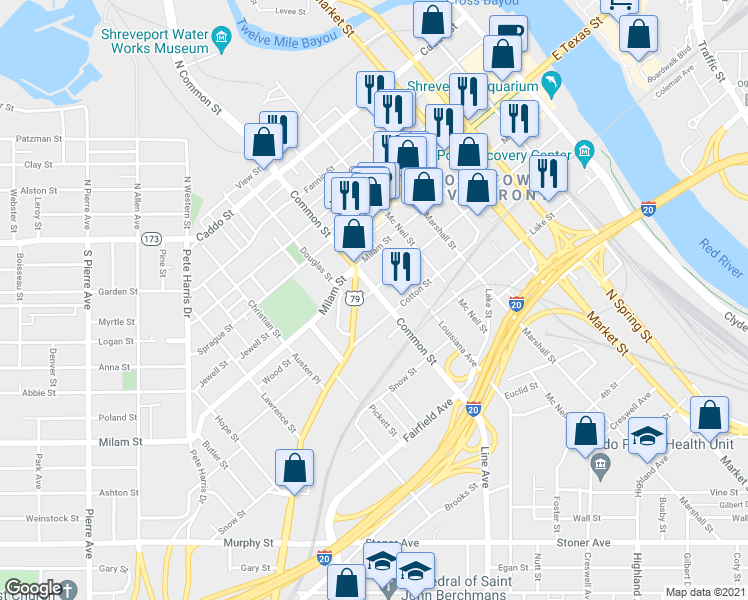 map of restaurants, bars, coffee shops, grocery stores, and more near 801 Crockett Street in Shreveport