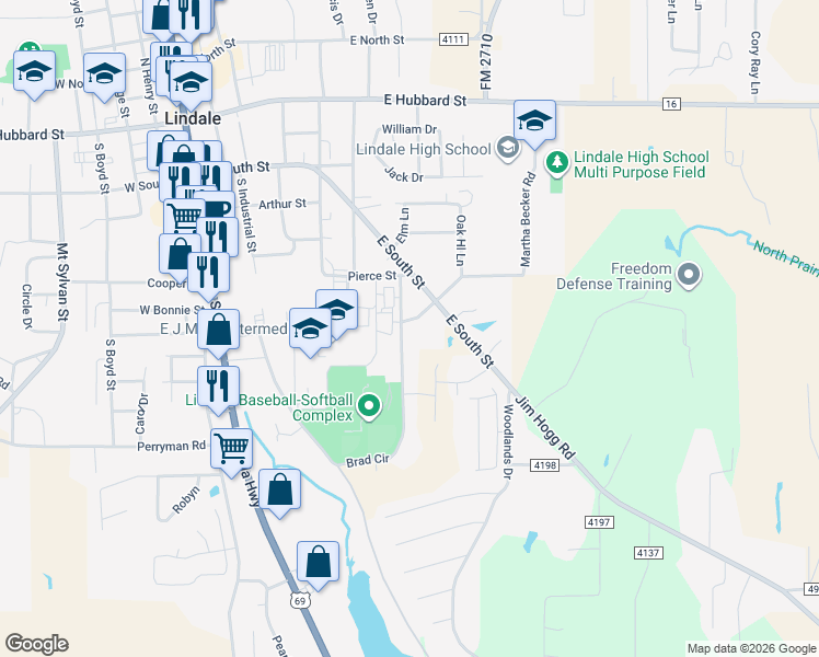 map of restaurants, bars, coffee shops, grocery stores, and more near 904 Brad Circle in Lindale
