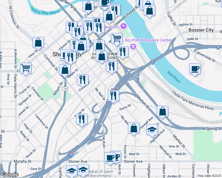 map of restaurants, bars, coffee shops, grocery stores, and more near 1025 Marshall Street in Shreveport