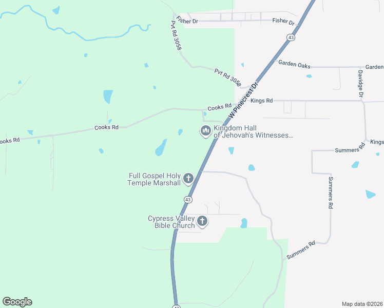 map of restaurants, bars, coffee shops, grocery stores, and more near 3777 Texas 43 in Marshall