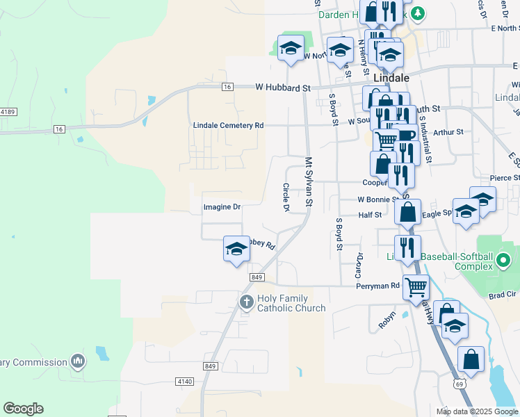 map of restaurants, bars, coffee shops, grocery stores, and more near 748 Abbey Road in Lindale