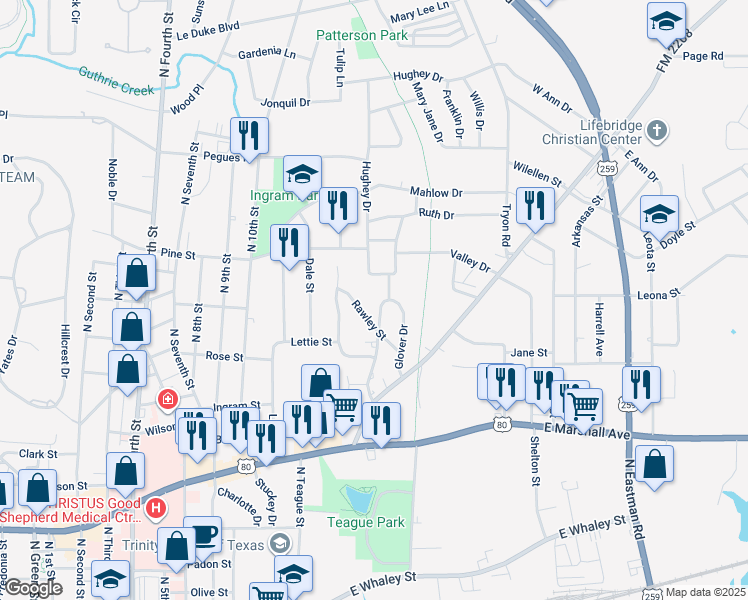 map of restaurants, bars, coffee shops, grocery stores, and more near 1201 Hughey Drive in Longview