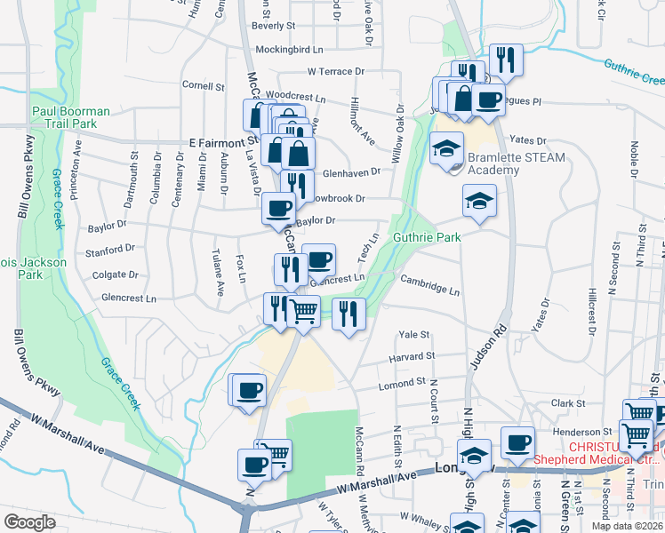 map of restaurants, bars, coffee shops, grocery stores, and more near 1200 McCann Road in Longview