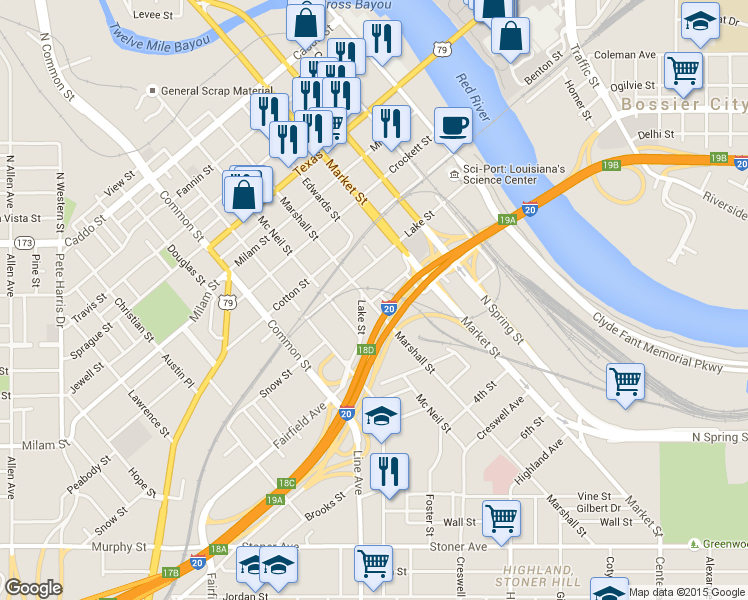 map of restaurants, bars, coffee shops, grocery stores, and more near 1025 Marshall Street in Shreveport