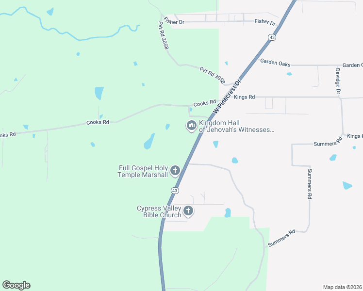 map of restaurants, bars, coffee shops, grocery stores, and more near 3777 Texas 43 in Marshall