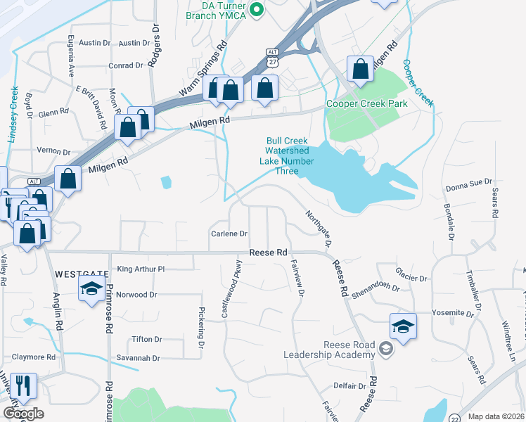 map of restaurants, bars, coffee shops, grocery stores, and more near 4646 Fairview Drive in Columbus