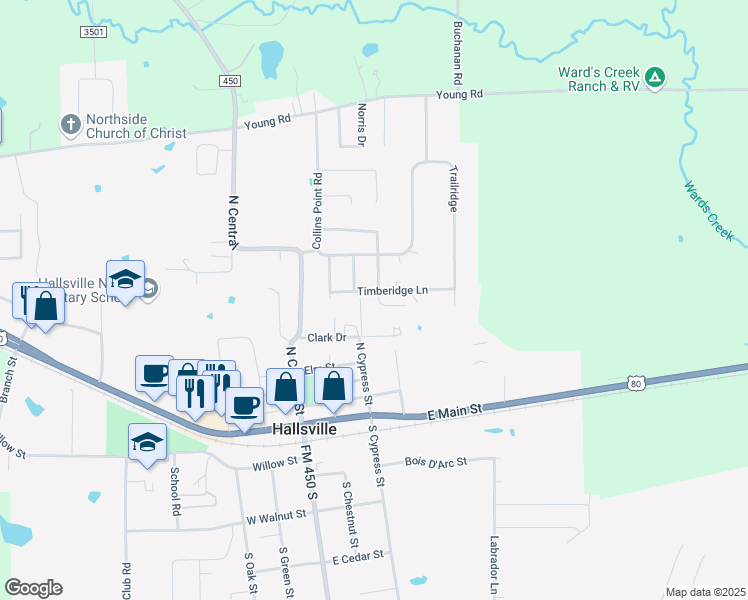 map of restaurants, bars, coffee shops, grocery stores, and more near 414 Woodridge Drive in Hallsville