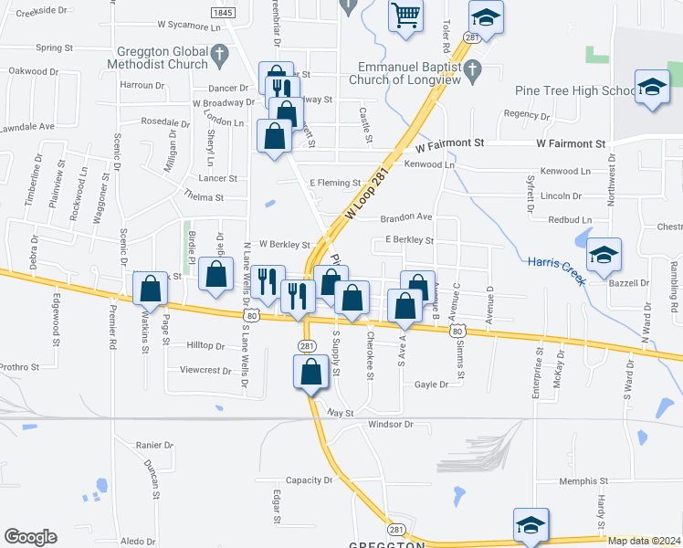 map of restaurants, bars, coffee shops, grocery stores, and more near 329 Farm to Market 1845 in Longview