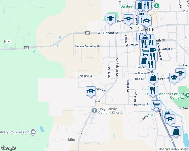 map of restaurants, bars, coffee shops, grocery stores, and more near 748 Abbey Road in Lindale