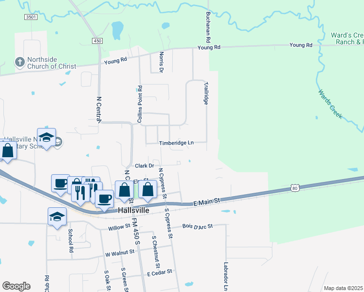 map of restaurants, bars, coffee shops, grocery stores, and more near 414 Woodridge Drive in Hallsville