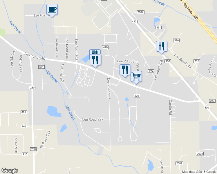 map of restaurants, bars, coffee shops, grocery stores, and more near 102 Lee Road 227 in Smiths Station