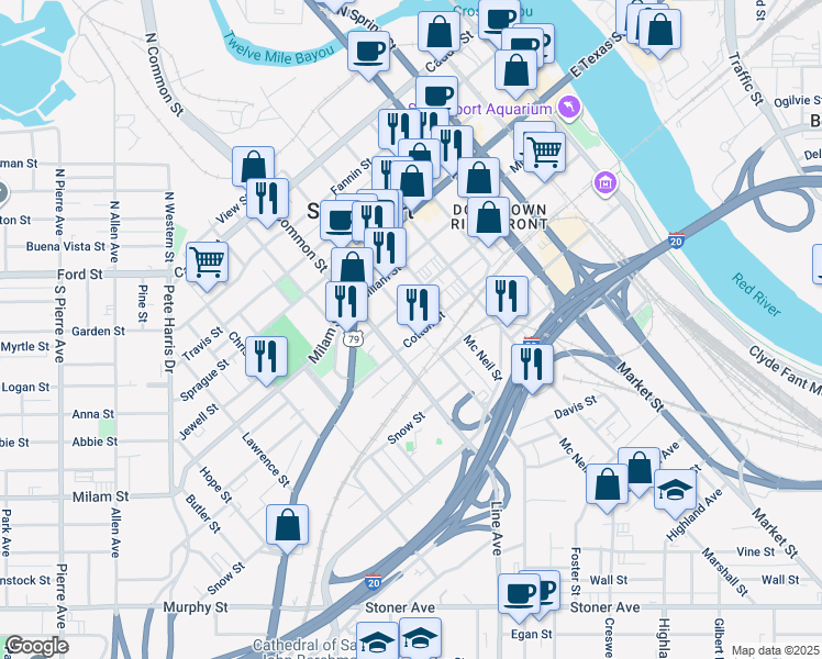 map of restaurants, bars, coffee shops, grocery stores, and more near in Shreveport