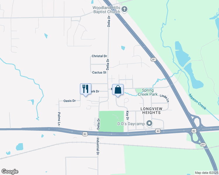 map of restaurants, bars, coffee shops, grocery stores, and more near 100 Heights Park Drive in Longview