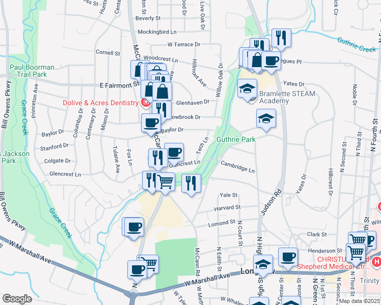 map of restaurants, bars, coffee shops, grocery stores, and more near 1100 McCann Road in Longview