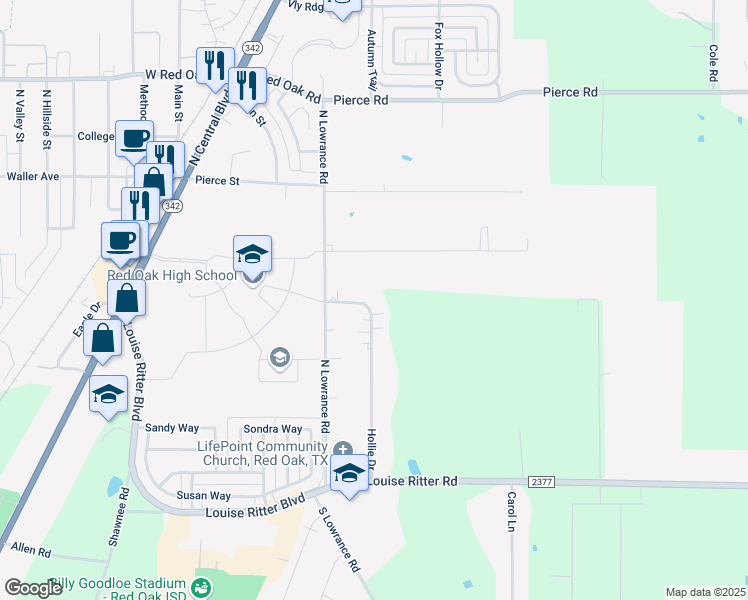 map of restaurants, bars, coffee shops, grocery stores, and more near 130 Hollie Drive in Red Oak