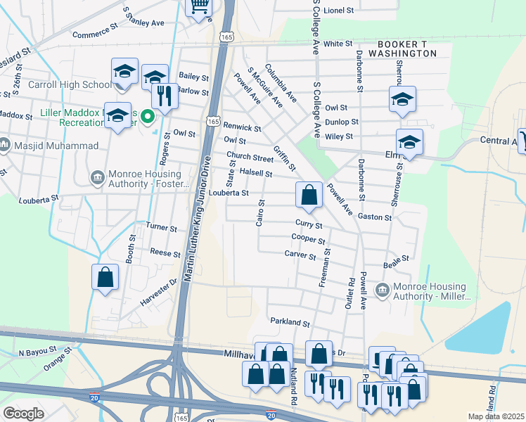 map of restaurants, bars, coffee shops, grocery stores, and more near 3601 Johnson St in Monroe
