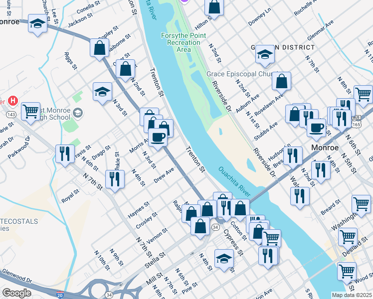 map of restaurants, bars, coffee shops, grocery stores, and more near 1105 Trenton Street in West Monroe