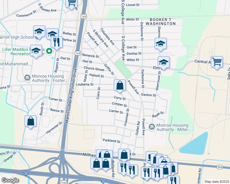 map of restaurants, bars, coffee shops, grocery stores, and more near 3619 Johnson Street in Monroe