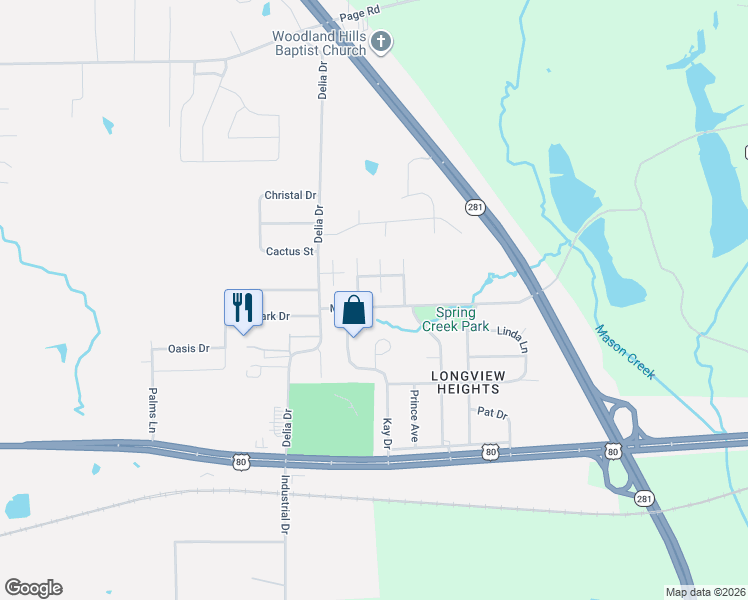 map of restaurants, bars, coffee shops, grocery stores, and more near 801 Rose Mount Drive in Longview