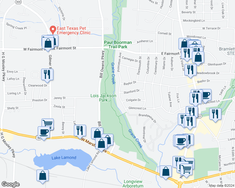 map of restaurants, bars, coffee shops, grocery stores, and more near 1223 Princeton Avenue in Longview