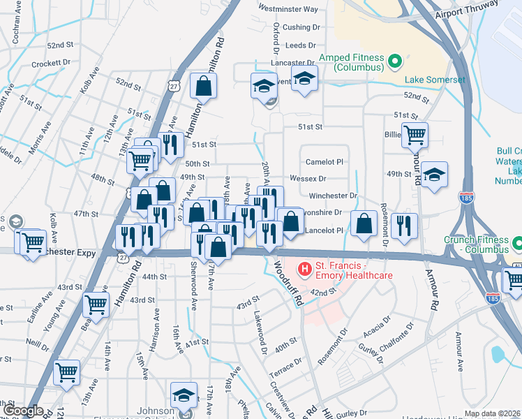 map of restaurants, bars, coffee shops, grocery stores, and more near 4718 20th Avenue in Columbus