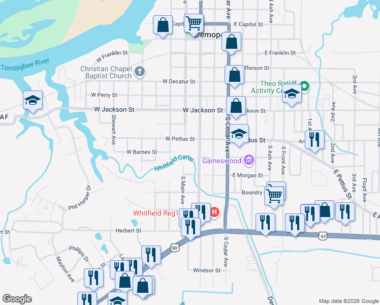 map of restaurants, bars, coffee shops, grocery stores, and more near 101-105 W Pettus St in Demopolis